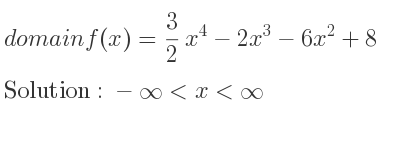 The domain of f(x)= 3/2 x^4-2x^3-6x^2+8 is -infinity <x<infinity